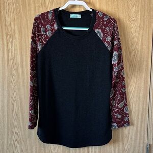 Black and Burgundy Floral Long Sleeve Top